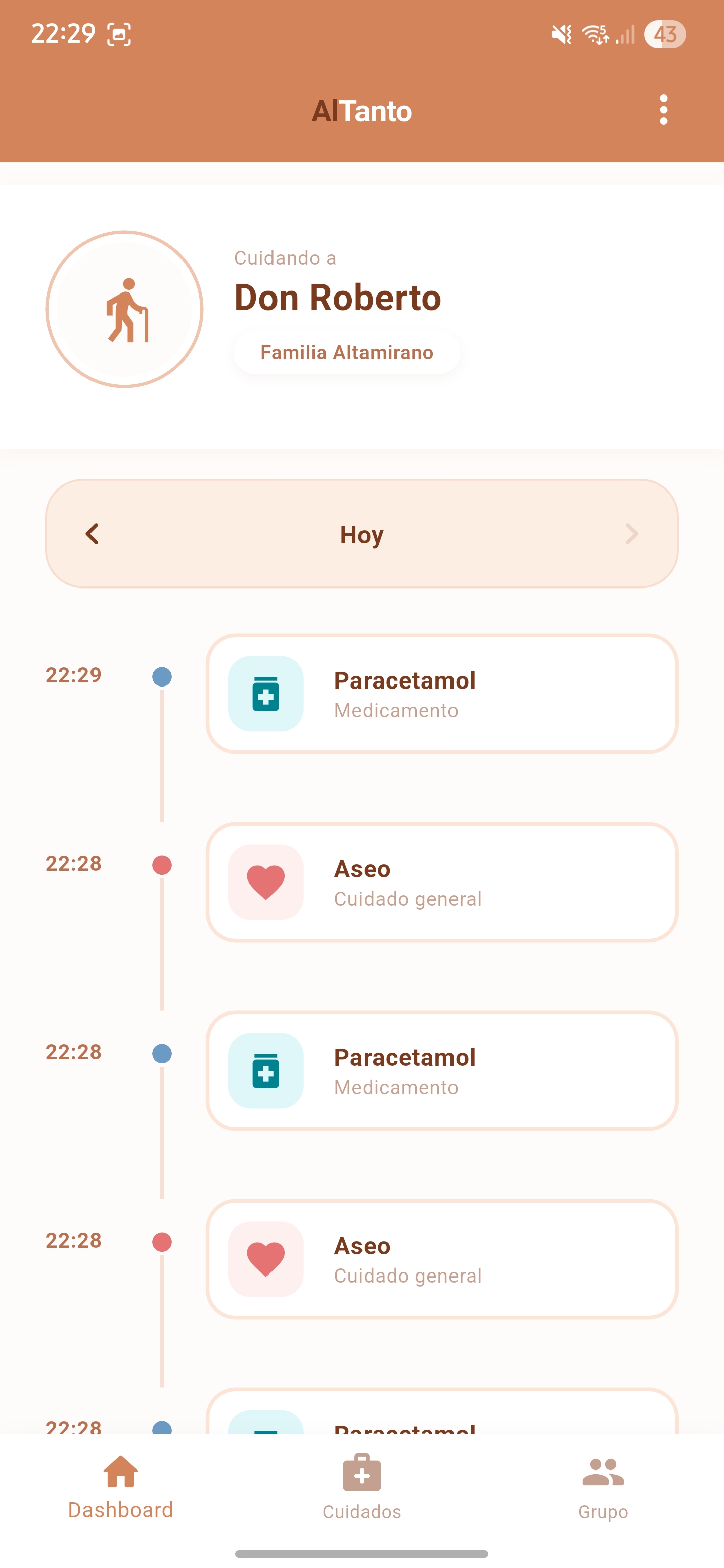 Captura de pantalla de notificaciones para familiares en AlTanto